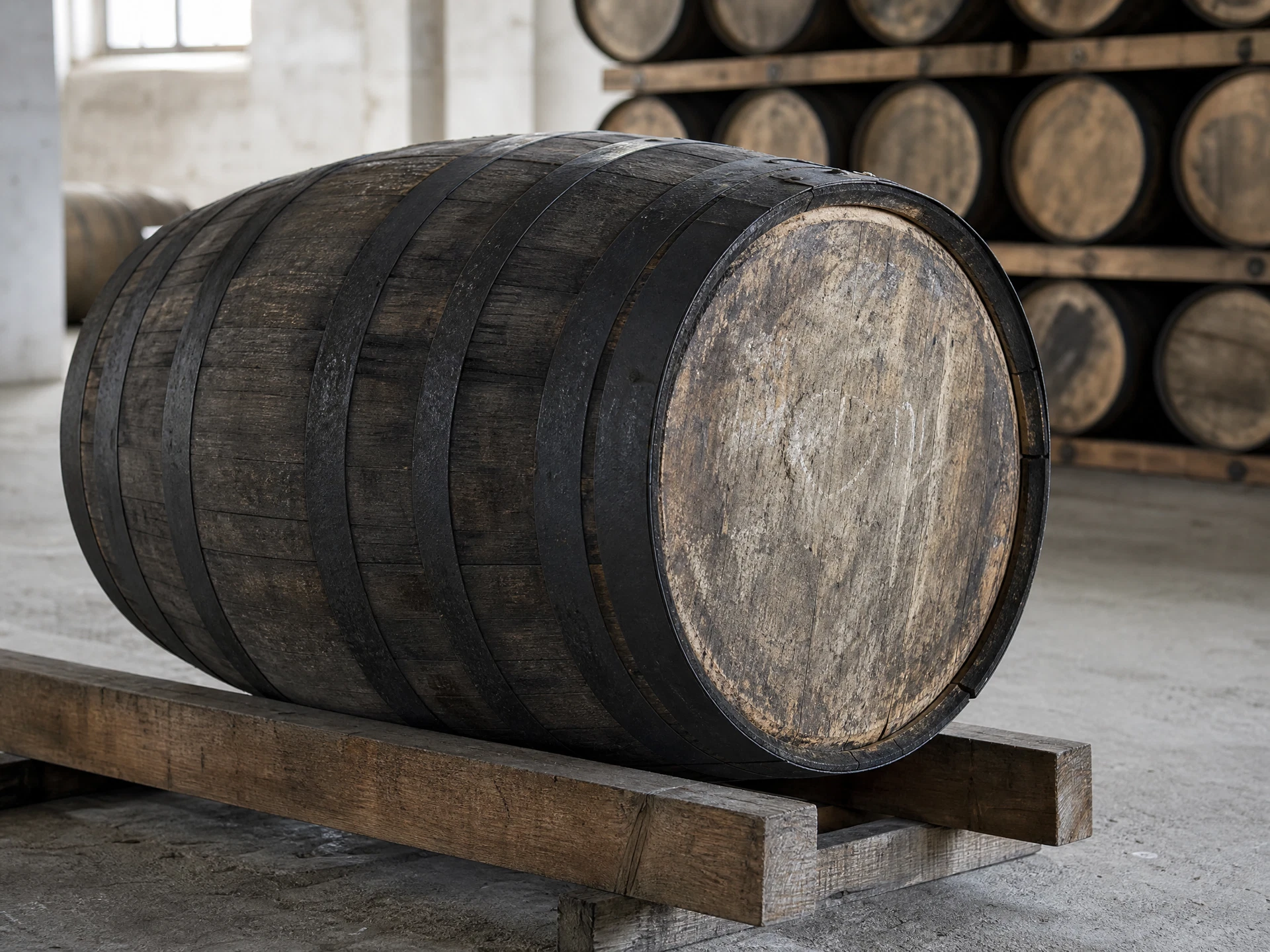 A maturing Islay whisky cask photographed in a warehouse
