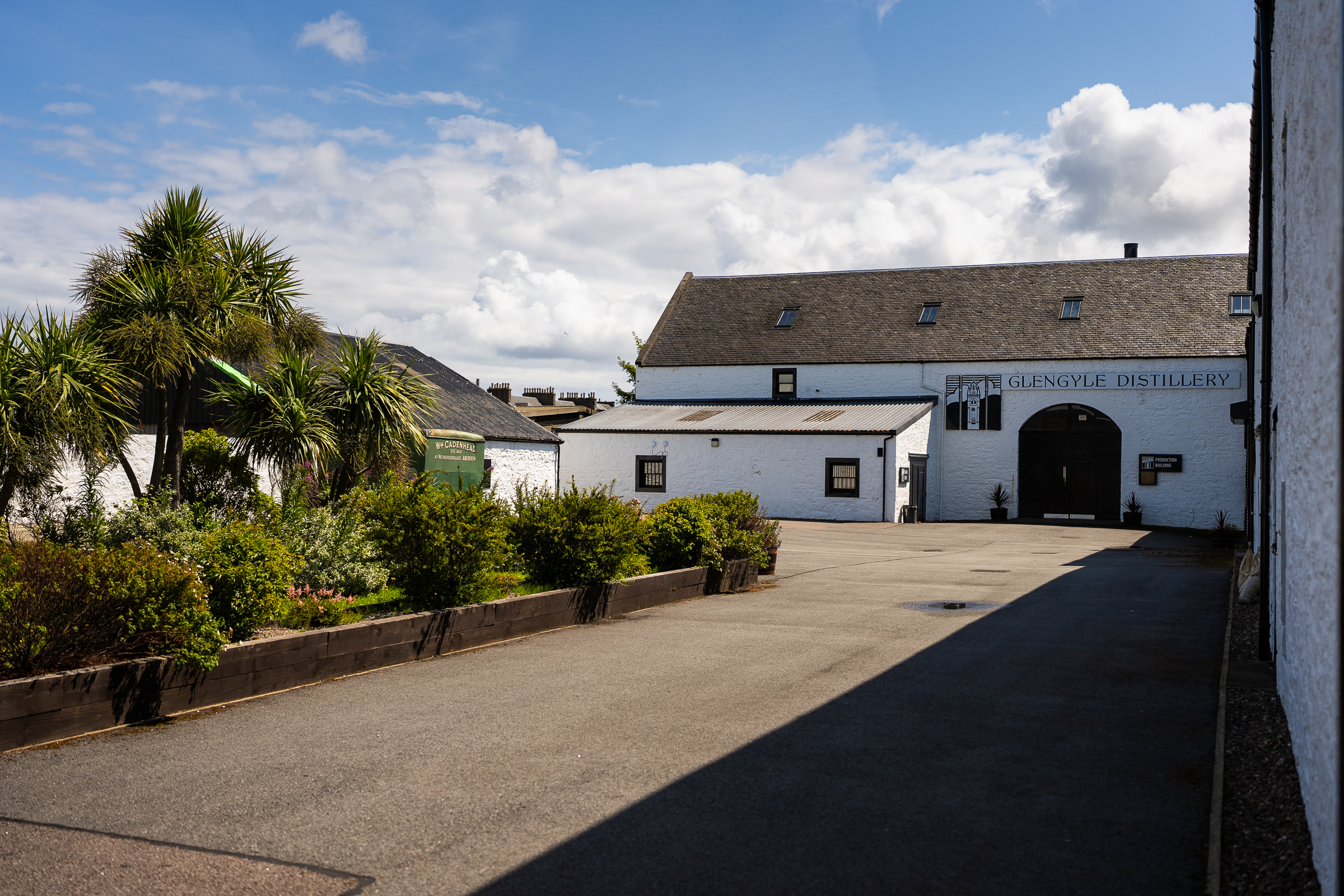 Exterior courtyard and entrance of Glengyle Distillery in Campbeltown.