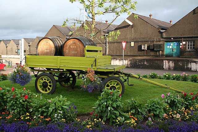 Macallan-marked casks on a cart beside the distillery site