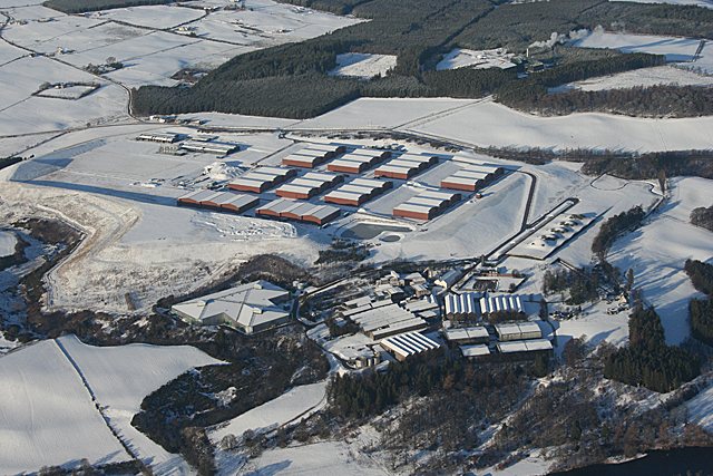 Aerial view of The Macallan distillery estate and warehouse complex