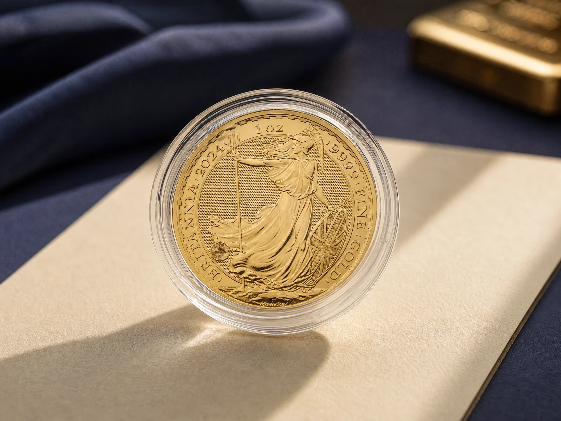 Complete Britannia gold coin in a clear capsule standing upright on its thin edge