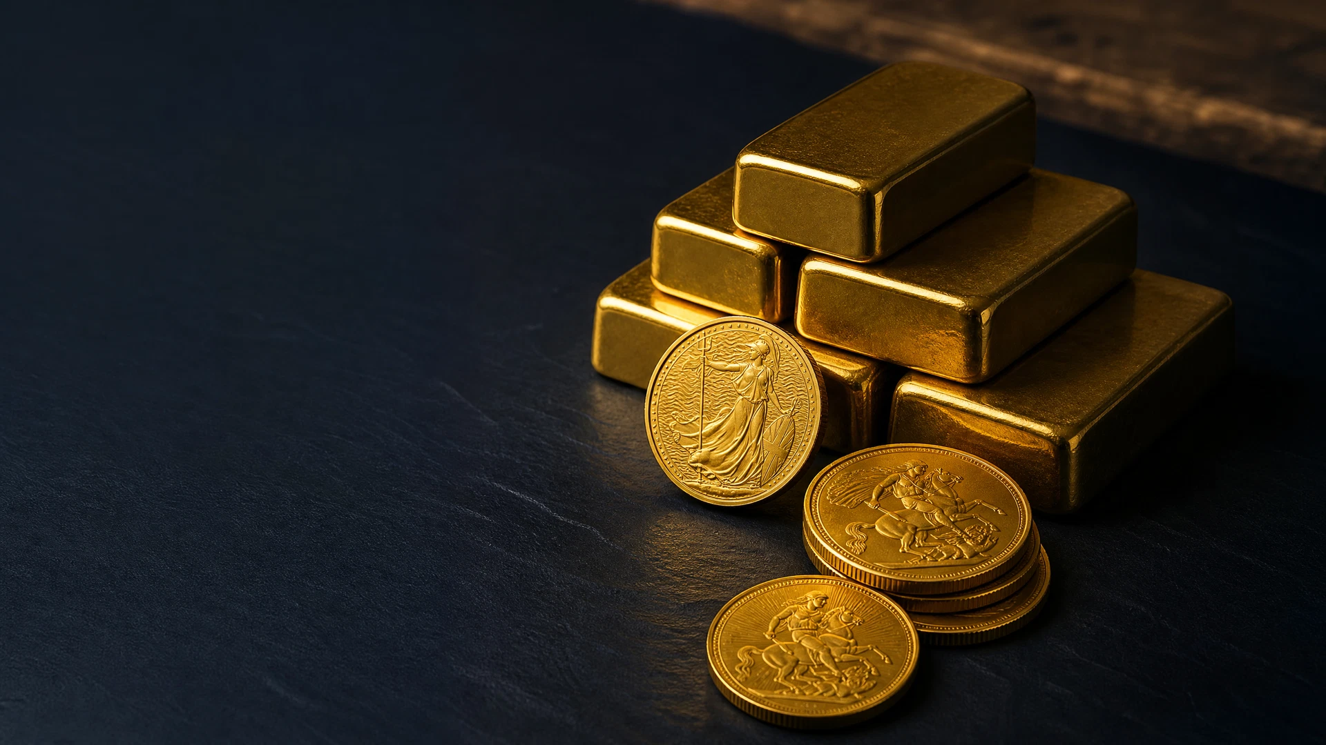 Generic gold bars and unbranded investment coins arranged on dark slate under warm side light
