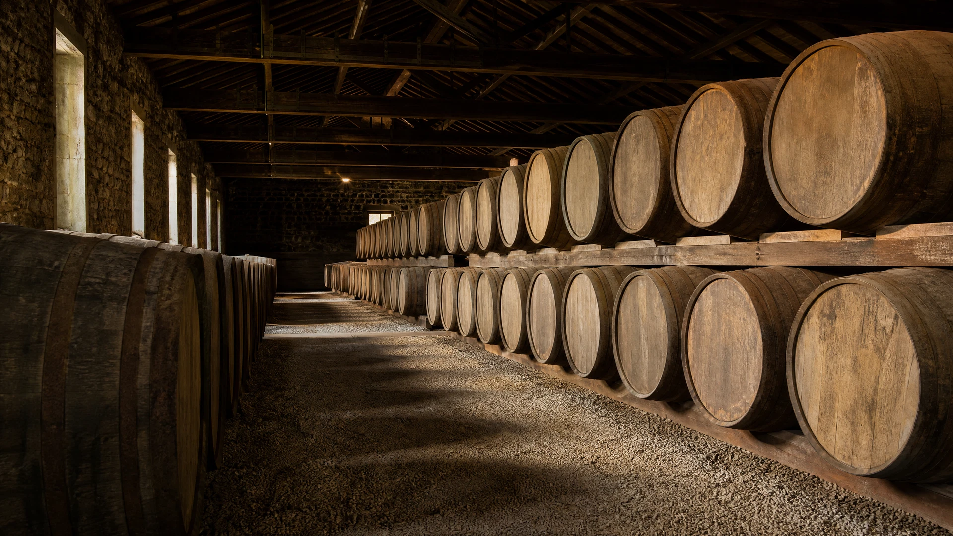 Whisky casks stored in a traditional bonded warehouse