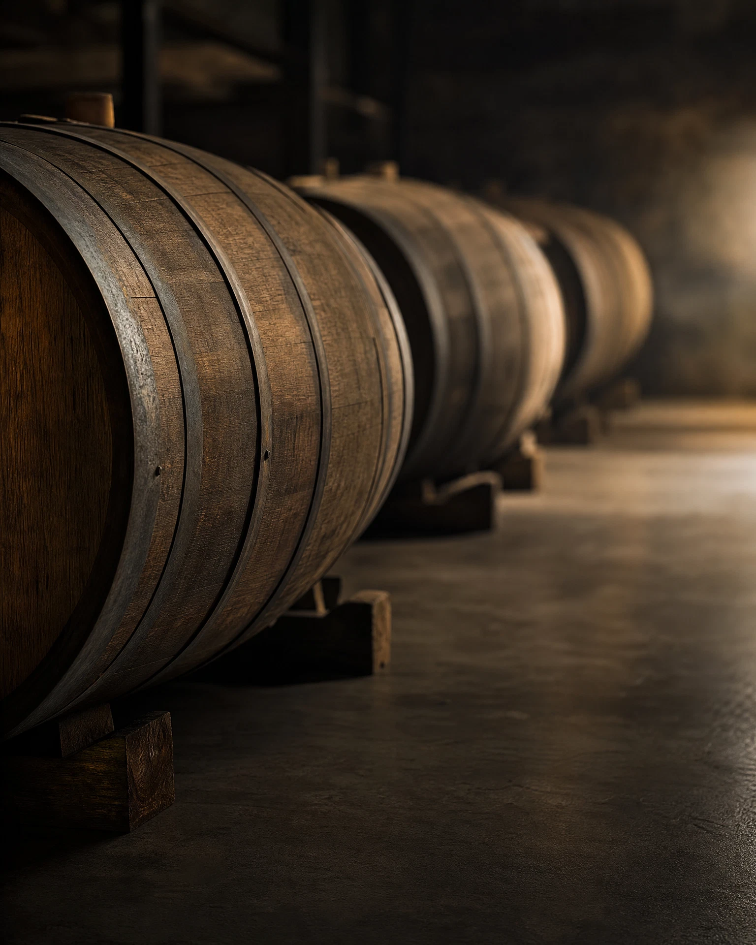 Whisky casks resting in a bonded warehouse